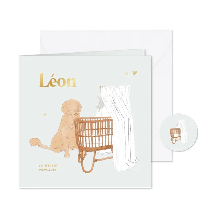 Lief geboortekaartje jongen hond en wiegje illustratie