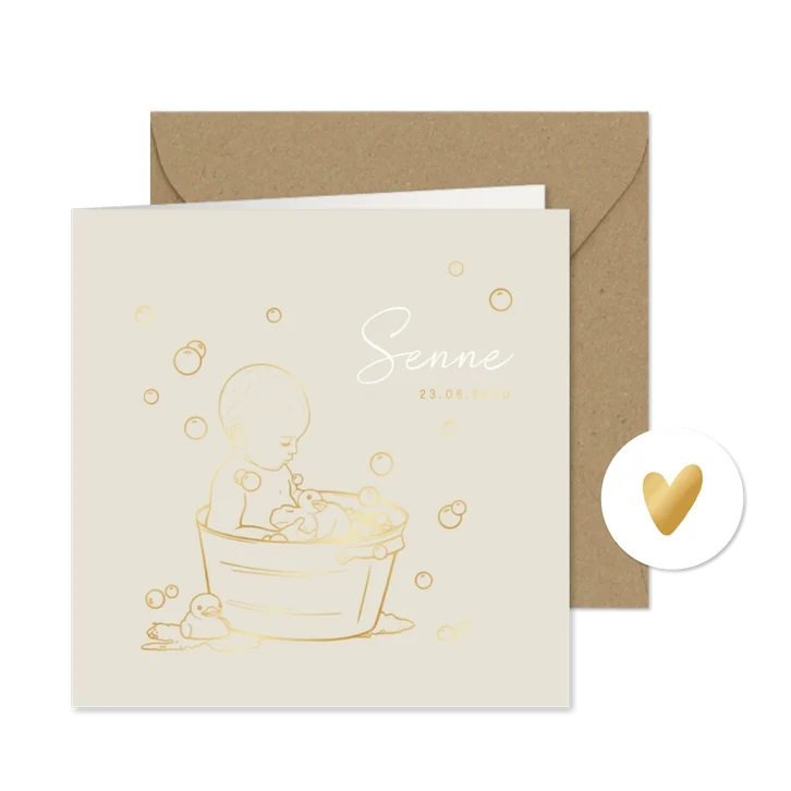 Lief geboortekaartje jongen in badje – goudfolie