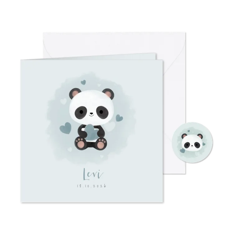 Lief geboortekaartje jongen met panda, hartjes en waterverf