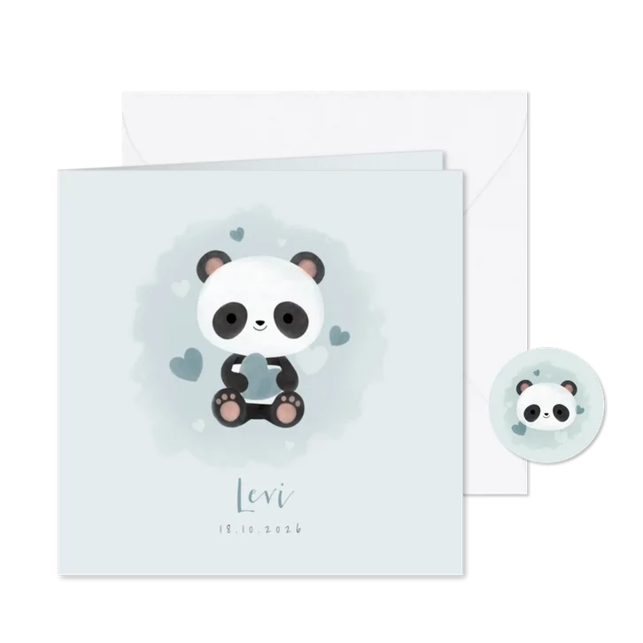 Lief geboortekaartje jongen met panda, hartjes en waterverf