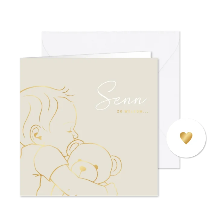 Lief geboortekaartje jongen met teddybeer – goudfolie