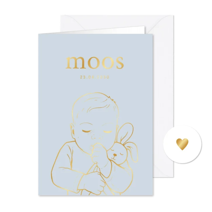 Lief geboortekaartje jongetje met konijn – goudfolie