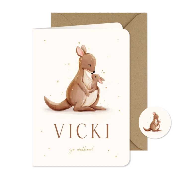Lief geboortekaartje kangoeroe met foliedruk hartjes