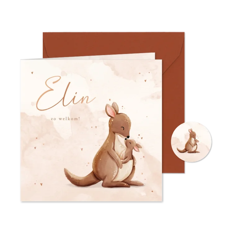 Lief geboortekaartje kangoeroe met roze waterverf