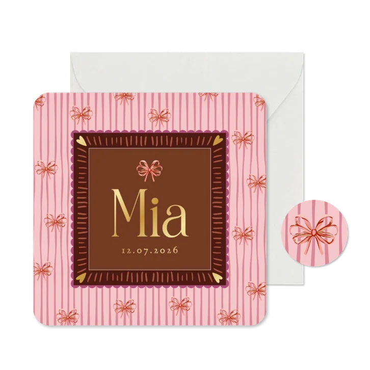 Lief geboortekaartje kleurrijk kader strikjes goud