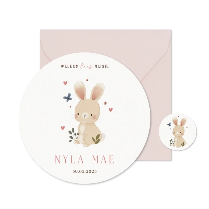 Lief geboortekaartje konijntje plantjes vlinder en hartjes