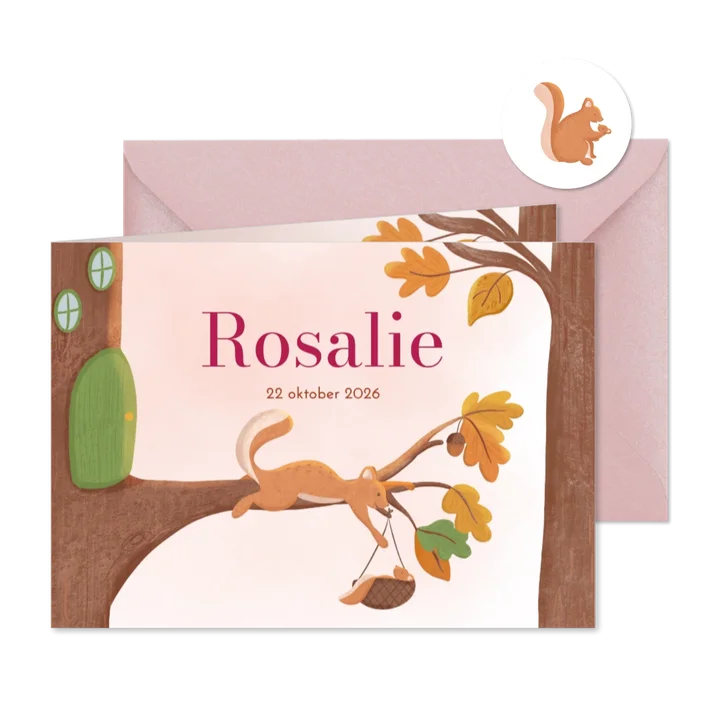 Lief geboortekaartje meisje eekhoorn met baby in herfst