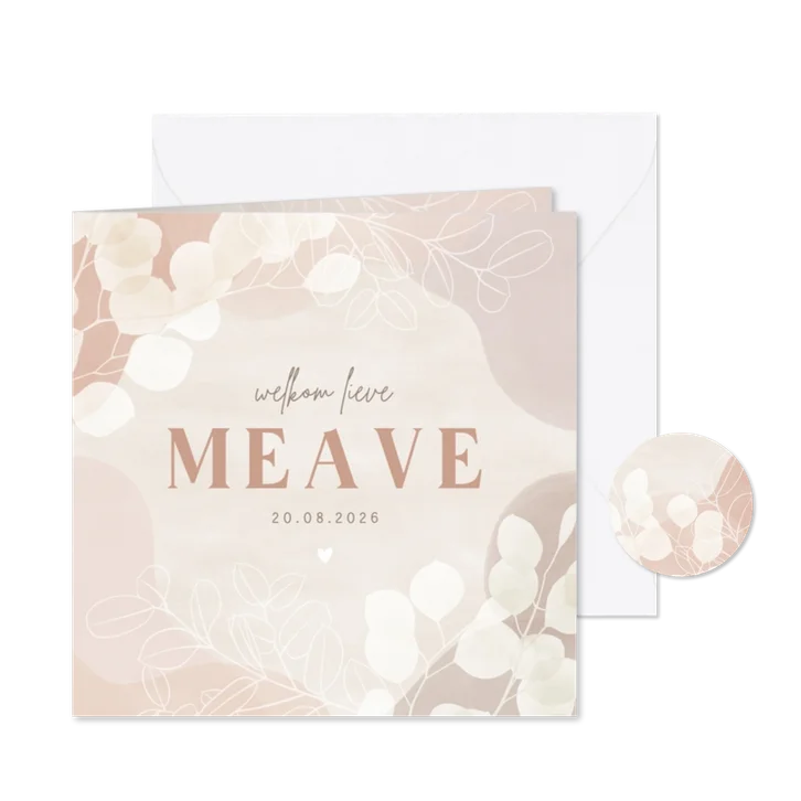 Lief geboortekaartje meisje eucalyptus hartje roze waterverf