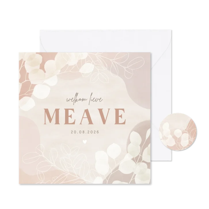 Lief geboortekaartje meisje eucalyptus hartje roze waterverf