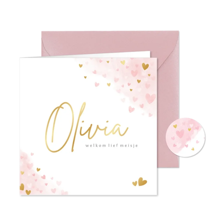 Lief geboortekaartje meisje met roze en gouden hartjes