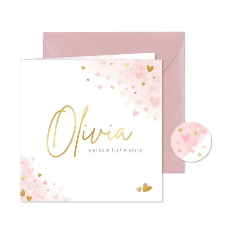Lief geboortekaartje meisje met roze en gouden hartjes 