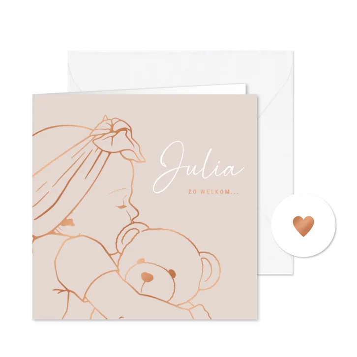 Lief geboortekaartje meisje met teddybeer - koperfolie