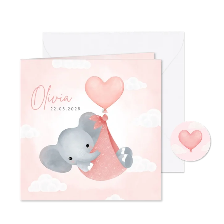 Lief geboortekaartje meisje olifantje in draagzak en ballon