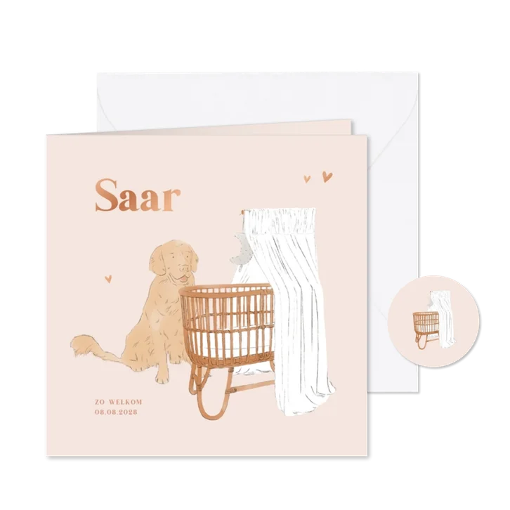 Lief geboortekaartje meisje wieg en hond illustratie roze