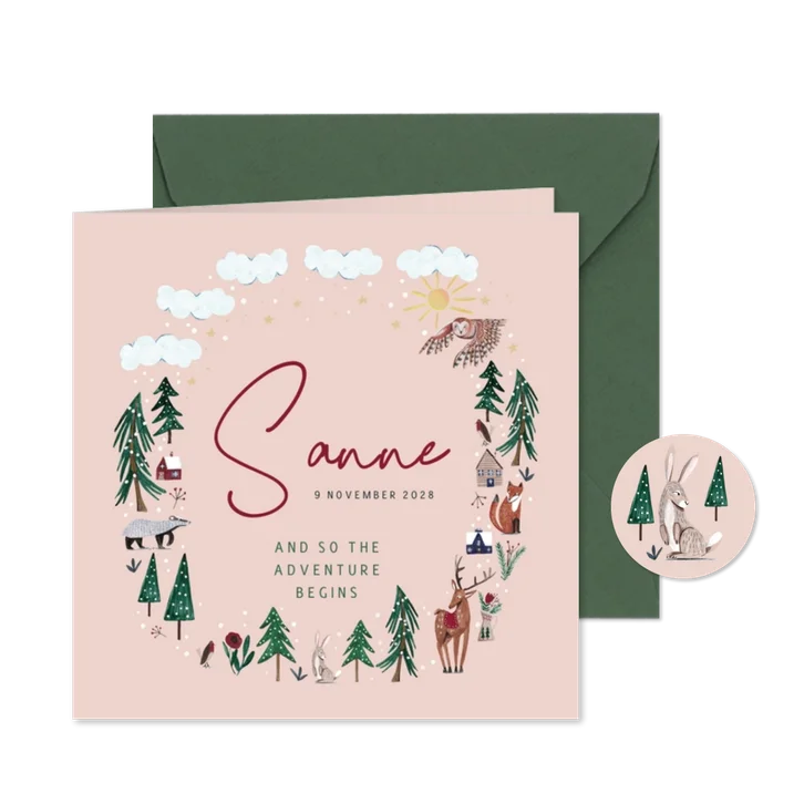 Lief geboortekaartje meisje winter bos dieren 