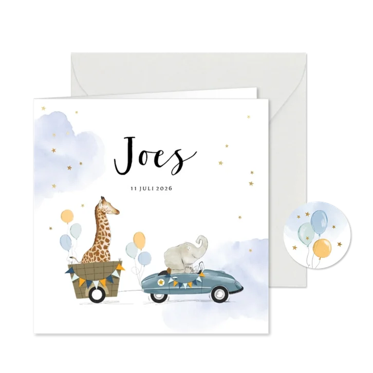 Lief geboortekaartje met babydieren in retro trapauto