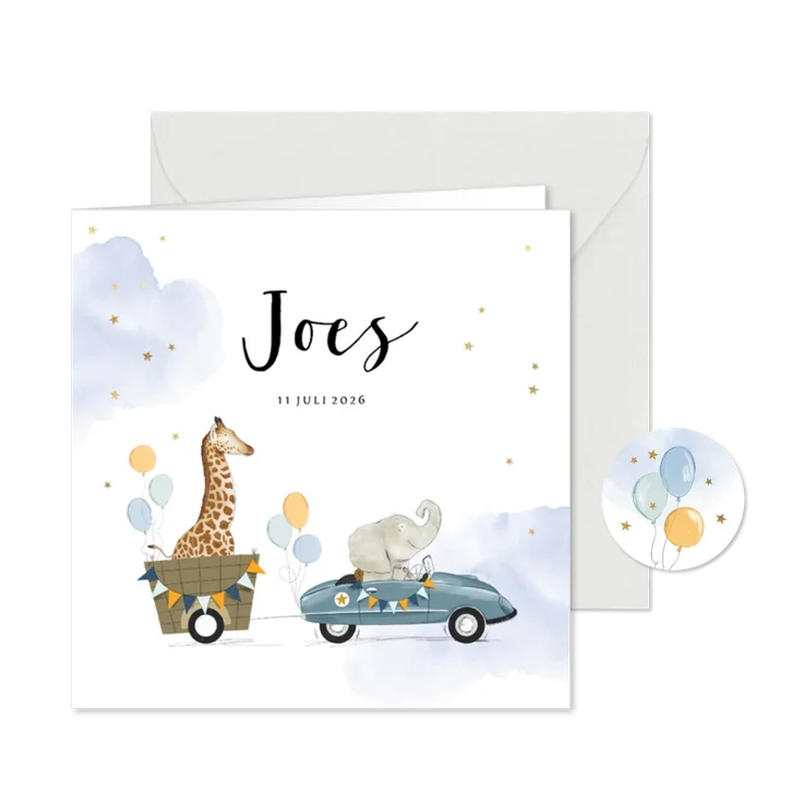 Lief geboortekaartje met babydieren in retro trapauto