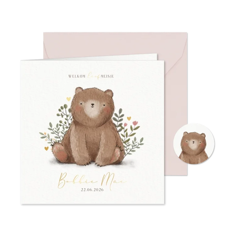 Lief geboortekaartje met beer plantjes en hartjes