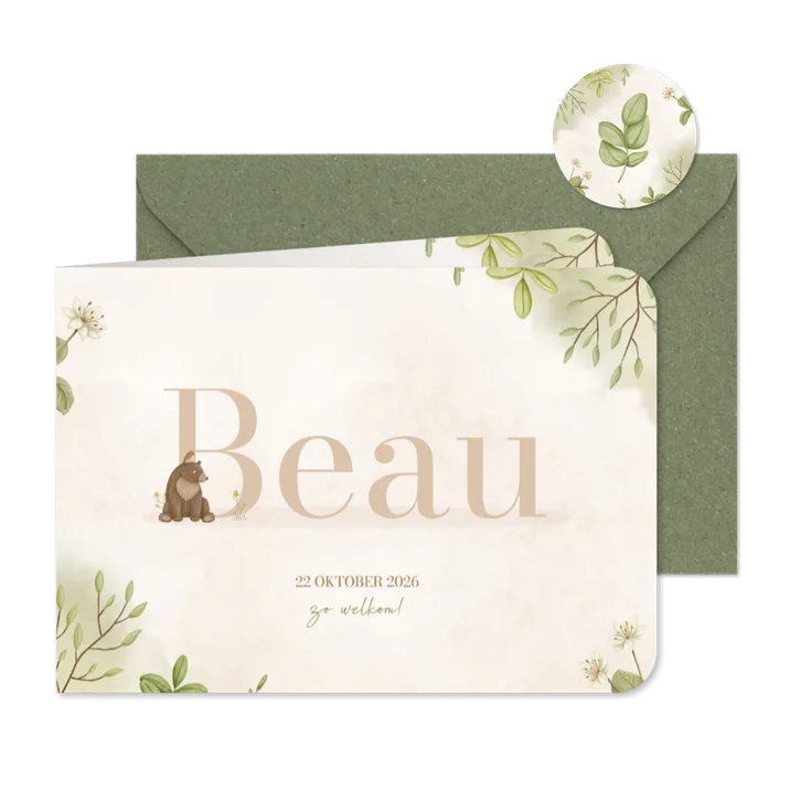 Lief geboortekaartje met dierenletter naam en waterverf