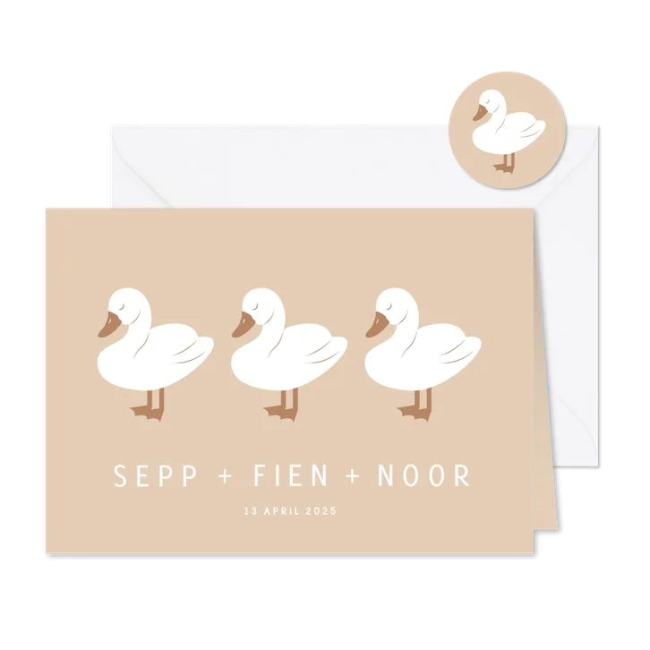 Lief geboortekaartje met drie zwaantjes drieling