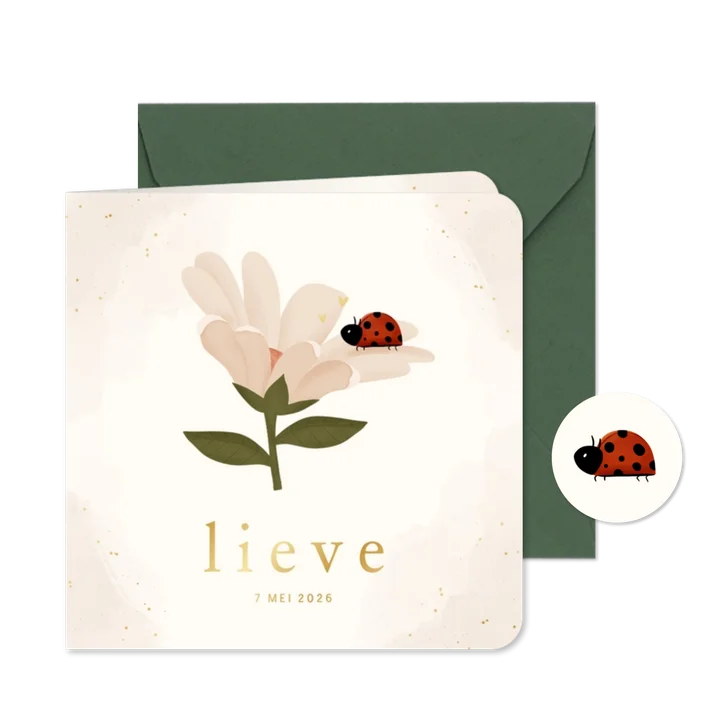 Lief geboortekaartje met een bloem en lieveheersbeestje