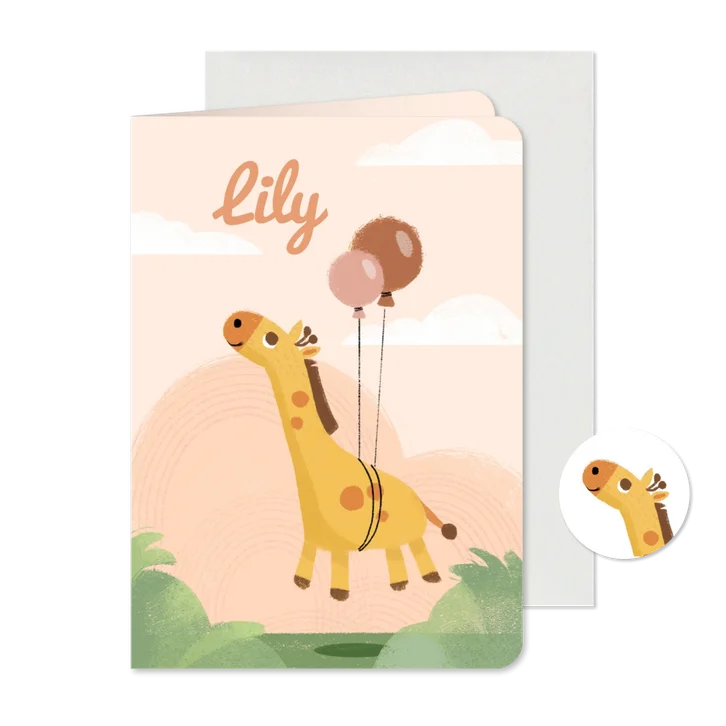 Lief geboortekaartje met een giraf met ballonnen