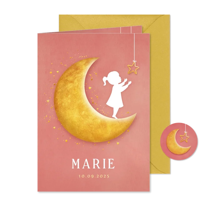 Lief geboortekaartje met een silhouet van meisje op een maan