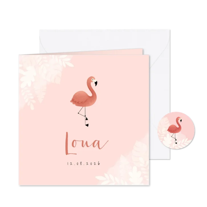 Lief geboortekaartje met flamingo, jungle en waterverf