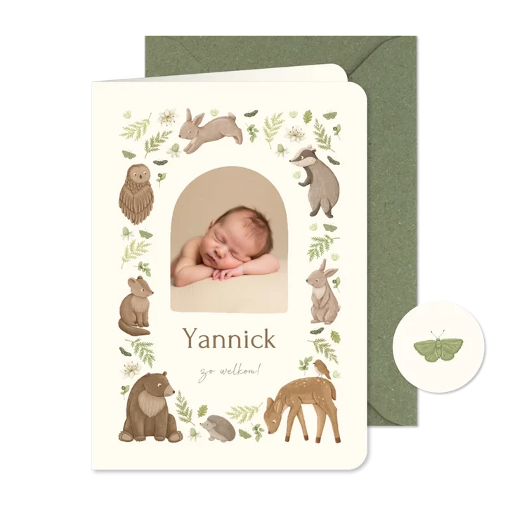 Lief geboortekaartje met foto, dieren en plantjes