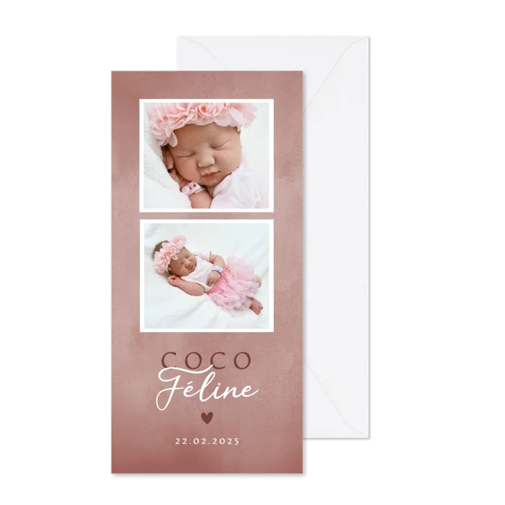 Lief geboortekaartje met foto's roze waterverf en hartje