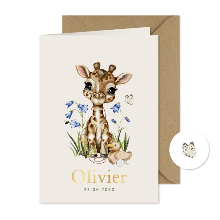 Lief geboortekaartje met giraffe, loopeend, bloemen, vlinder