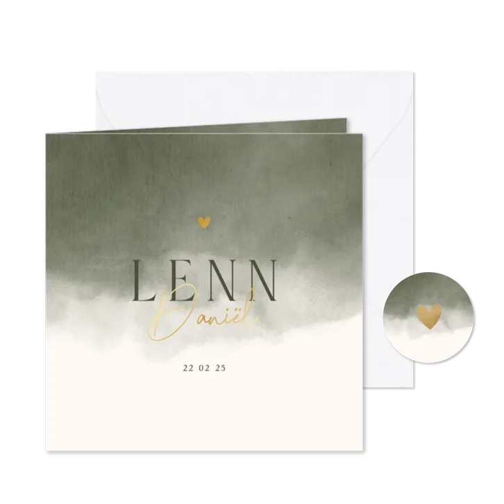 Lief geboortekaartje met groene waterverf en goudfolie