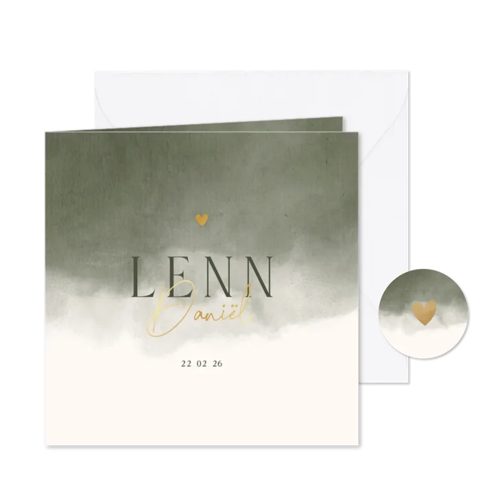 Lief geboortekaartje met groene waterverf en goudfolie