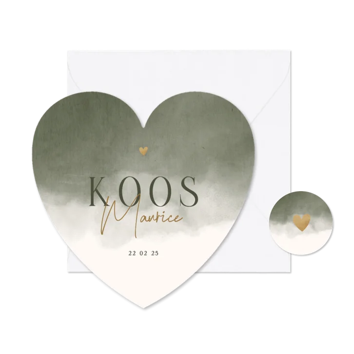 Lief geboortekaartje met groene waterverf in hartvorm