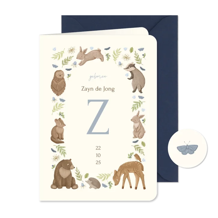 Lief geboortekaartje met kader van dieren en plantjes