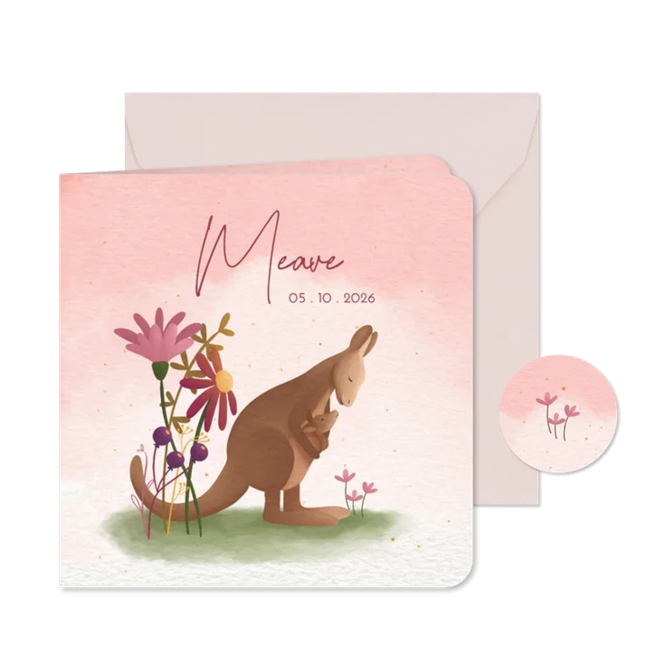 Lief geboortekaartje met kangoeroe en bloemen