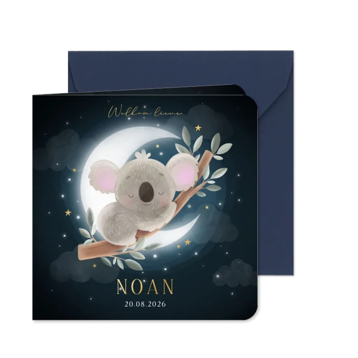 Lief geboortekaartje met koala op tak en maan en sterren