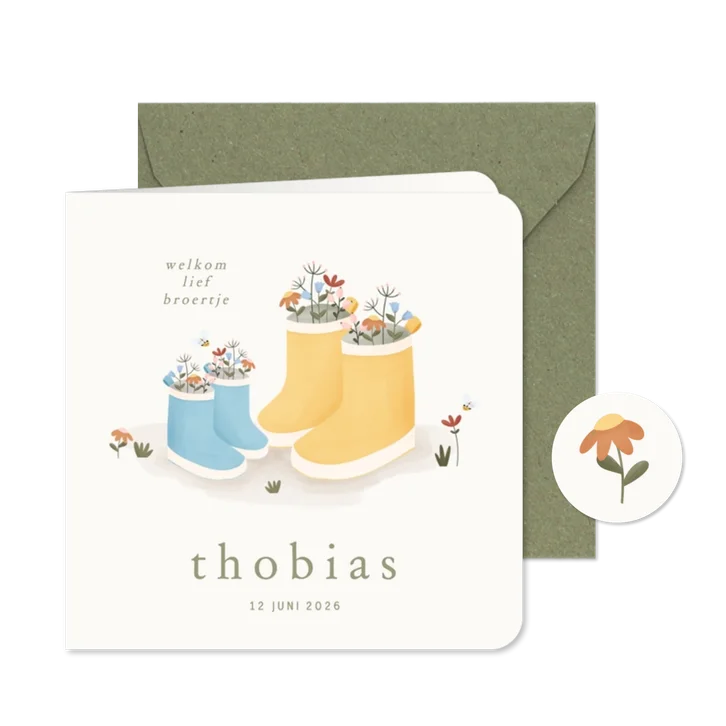 Lief geboortekaartje met laarsjes en bloemetjes broertje