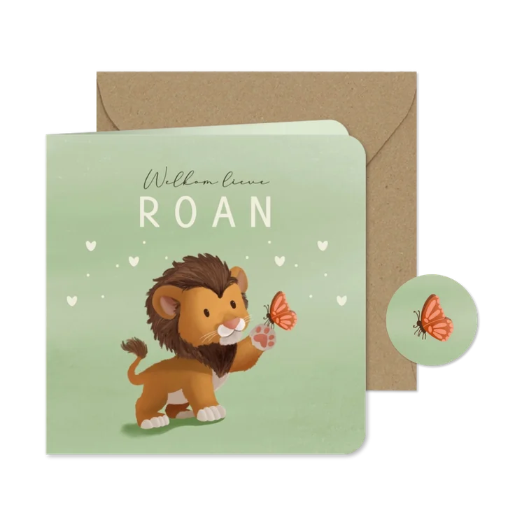 Lief geboortekaartje met leeuw en vlinder