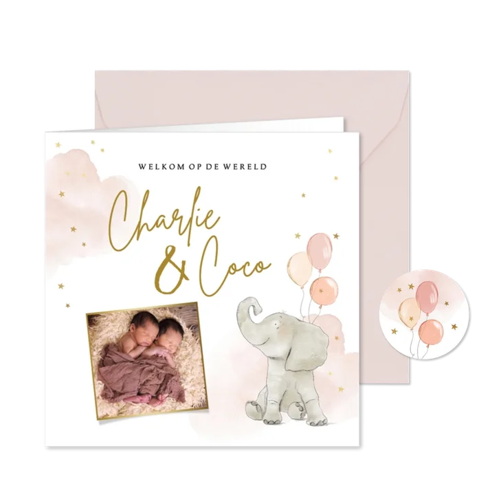 Lief geboortekaartje met olifantje ballonnen en foto