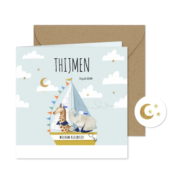 Lief geboortekaartje met olifantje en giraf in zeilboot