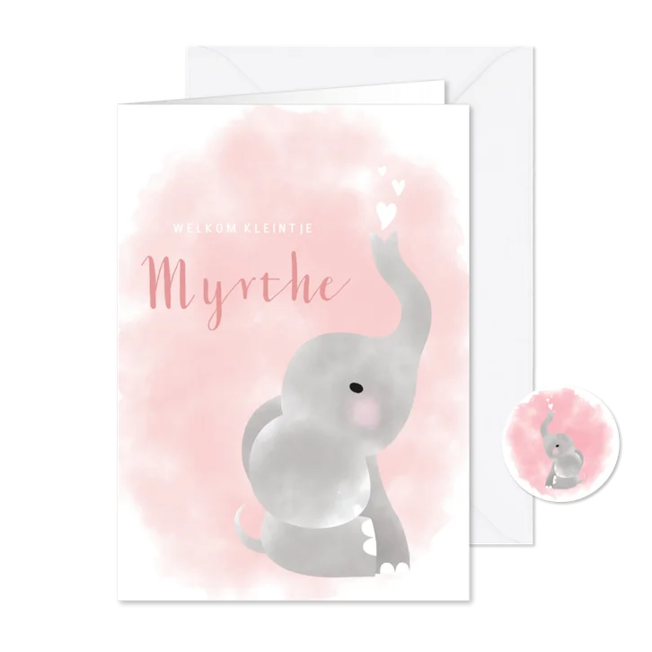 Lief geboortekaartje met olifantje, waterverf en hartjes
