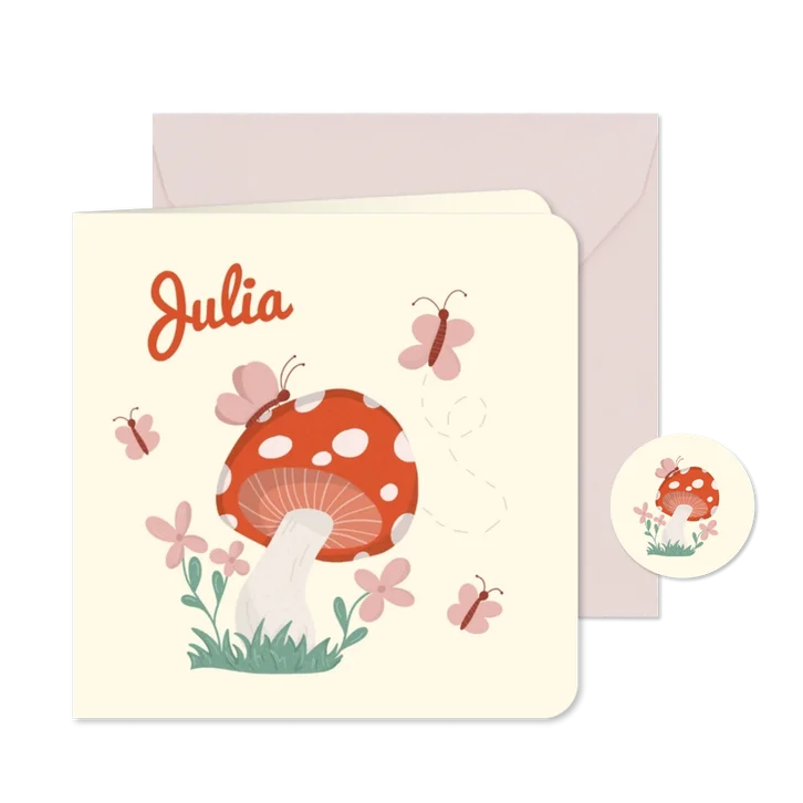 Lief geboortekaartje met paddestoel en vlindertjes rood roze