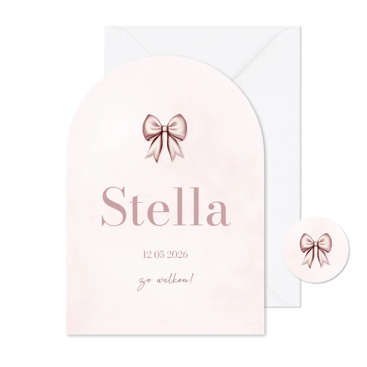  Lief geboortekaartje met roze strik in boogvorm
