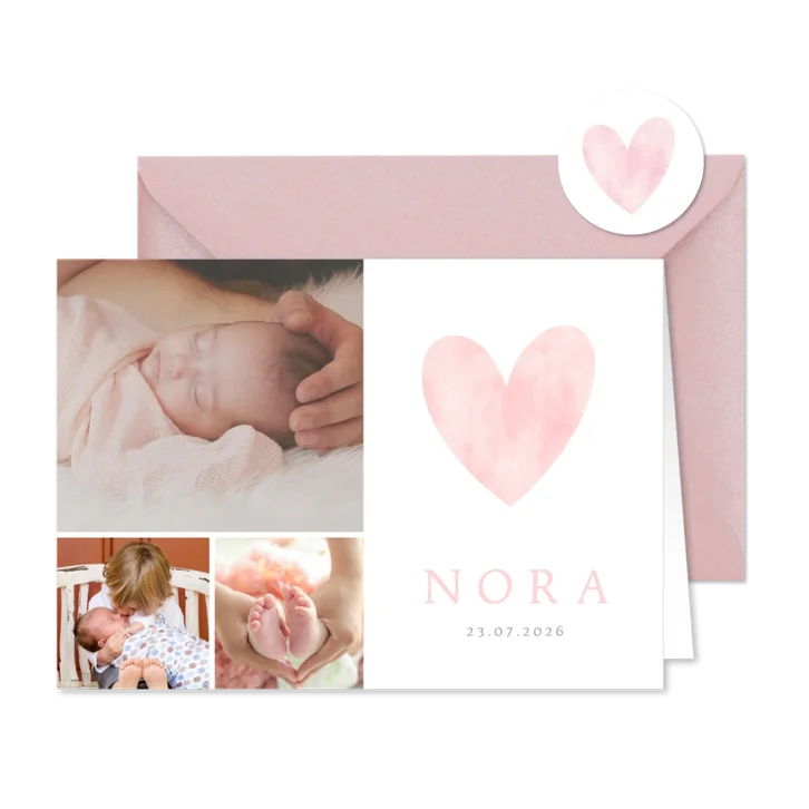 Lief geboortekaartje met roze waterverf hart en eigen foto's