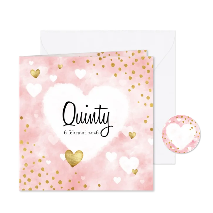 Lief geboortekaartje met roze waterverf, hartjes en stipjes