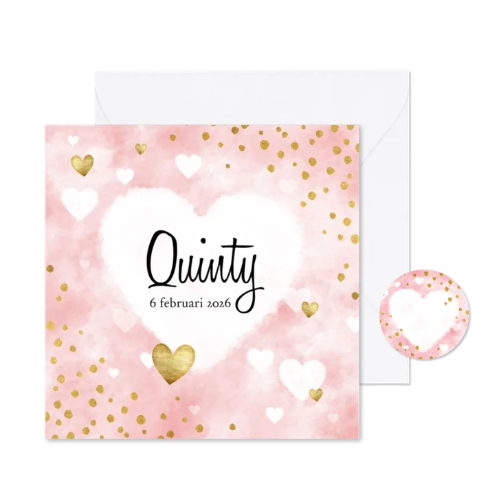 Lief geboortekaartje met roze waterverf, hartjes en stipjes