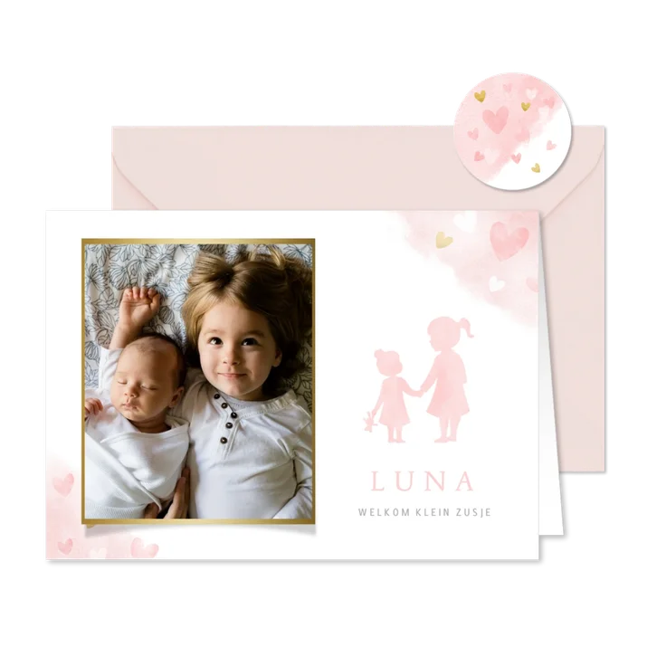 Lief geboortekaartje met silhouet 2 zusjes en eigen foto