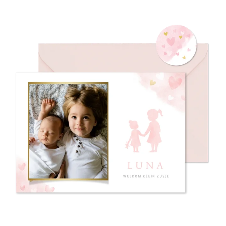 Lief geboortekaartje met silhouet 2 zusjes en eigen foto