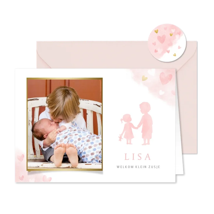 Lief geboortekaartje met silhouet broer en zusje en foto